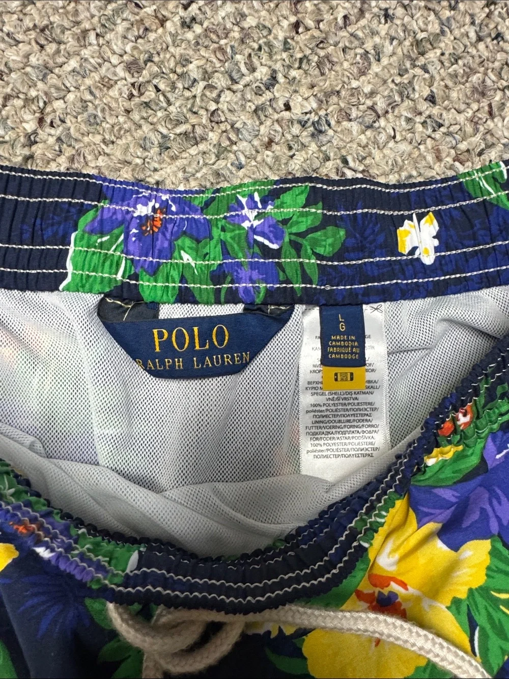 Men's Navy Floral Swim Trunks - Drawstring Waist Polo size L NWOT Ralph Lauren